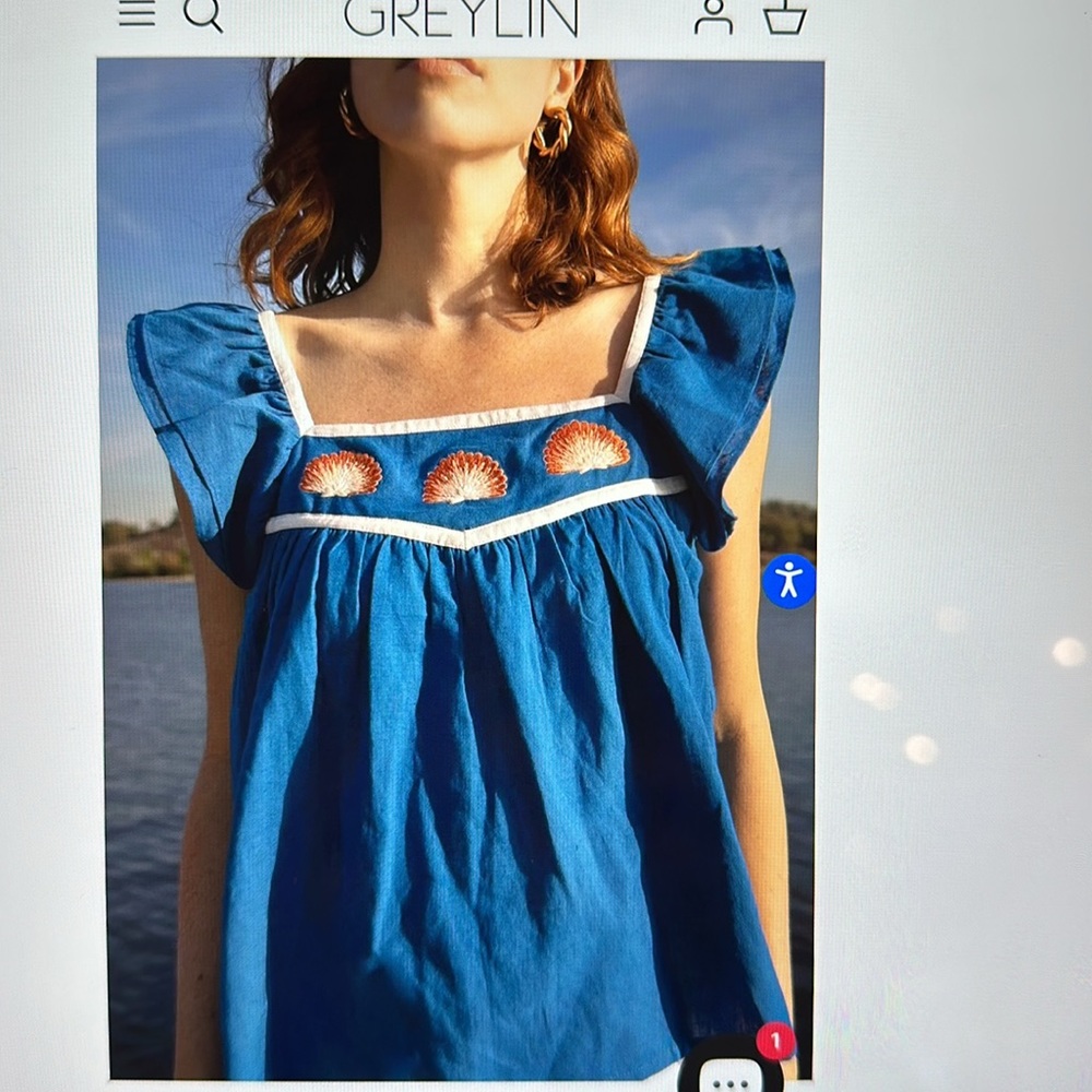 Greylin Heiko Seashell Embroidered Top - Azul Blue - Size XS